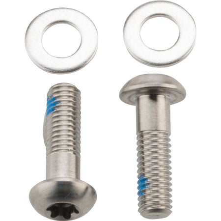 SRAM flat mount disc bolts for brake system, close-up of shiny metal bolts on brake parts and accessories.