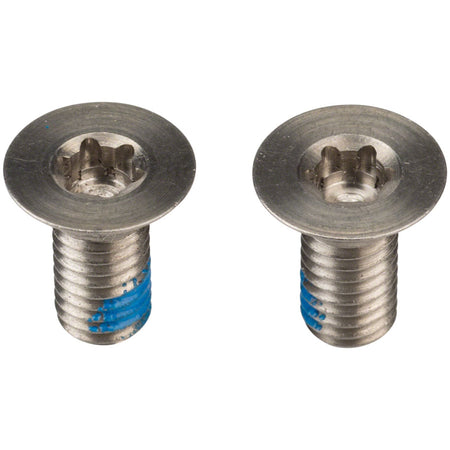 SRAM Flat Mount disc brake bolts for mountain bike brake system, close-up of metal bolts on brake caliper.