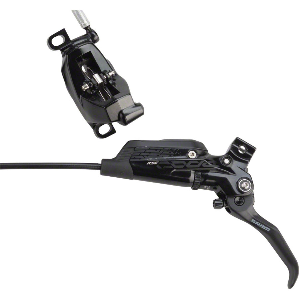 SRAM Code RSC hydraulic disc brake with post mount for mountain bikes, featuring a sleek black design and detailed caliper.