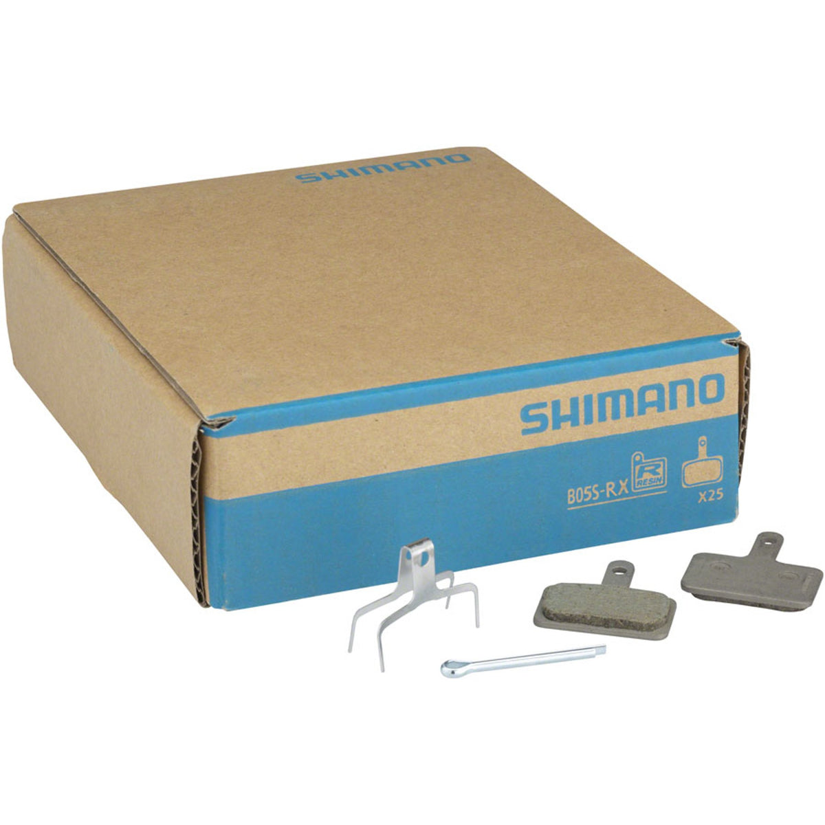 Shimano B05S disc brake pads for bicycles, showing the brake pad design and packaging on a plain background.