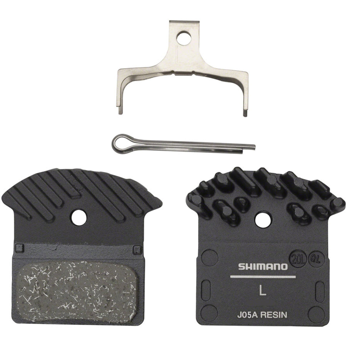 Shimano J05A-RF disc brake pads for bicycle, showing the brake pad set with metal backing and friction material.