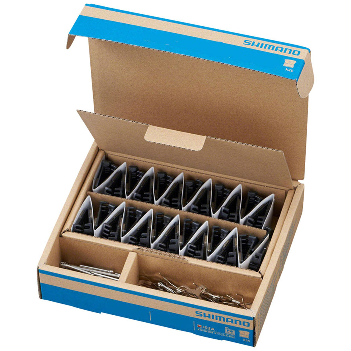 Shimano J05A-RF disc brake pads for bicycles, shown in the image with detailed brake pad design and packaging.