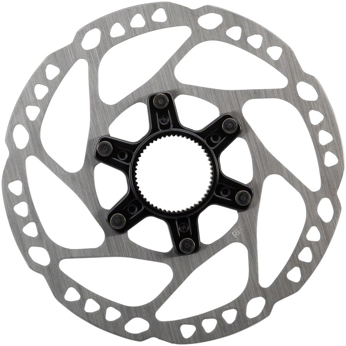 Shimano SM-RT64 disc brake rotor showing metallic finish and vented design for mountain bike braking performance.