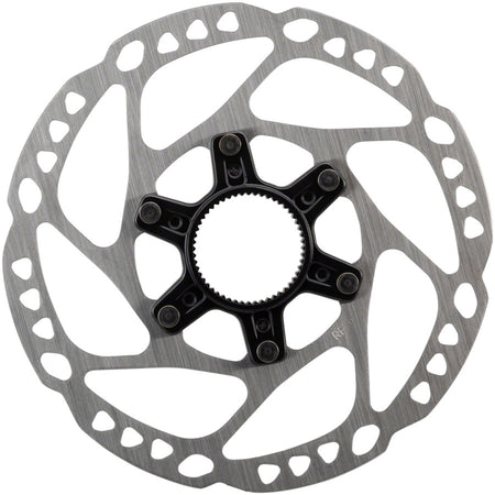 Shimano SM-RT64 disc brake rotor showing metallic finish and vented design for mountain bike braking performance.