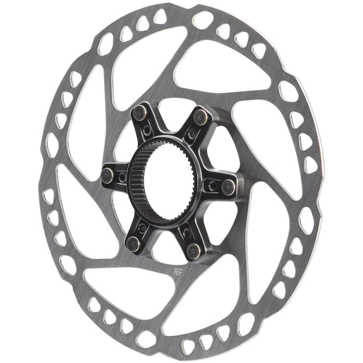Shimano SM-RT64 disc brake rotor showing vented steel surface and mounting holes for mountain bike braking system.