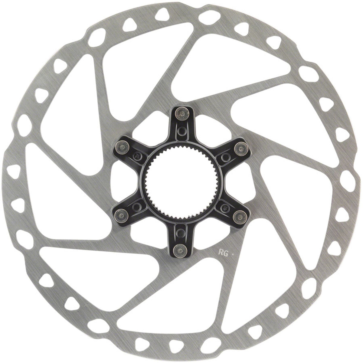 Shimano SM-RT64 disc brake rotor showing silver metal surface with vented design for bike braking system.
