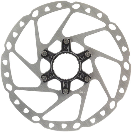 Shimano SM-RT64 disc brake rotor showing silver metal surface with vented design for bike braking system.