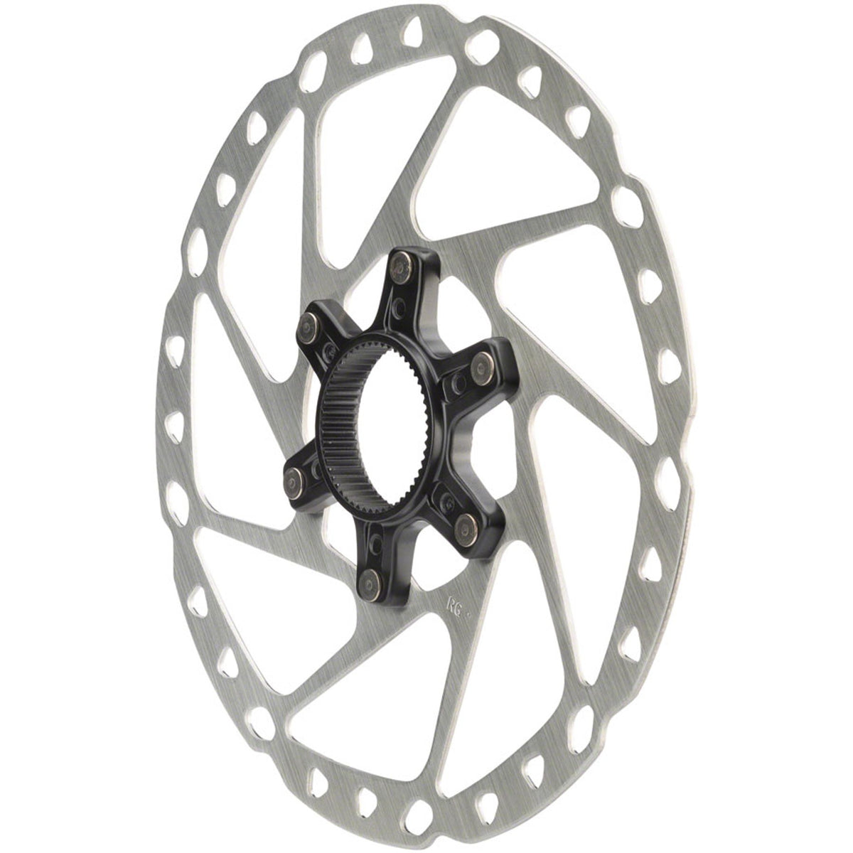 Shimano SM-RT64 disc brake rotor showing vented metal surface with mounting holes for mountain bike braking system.