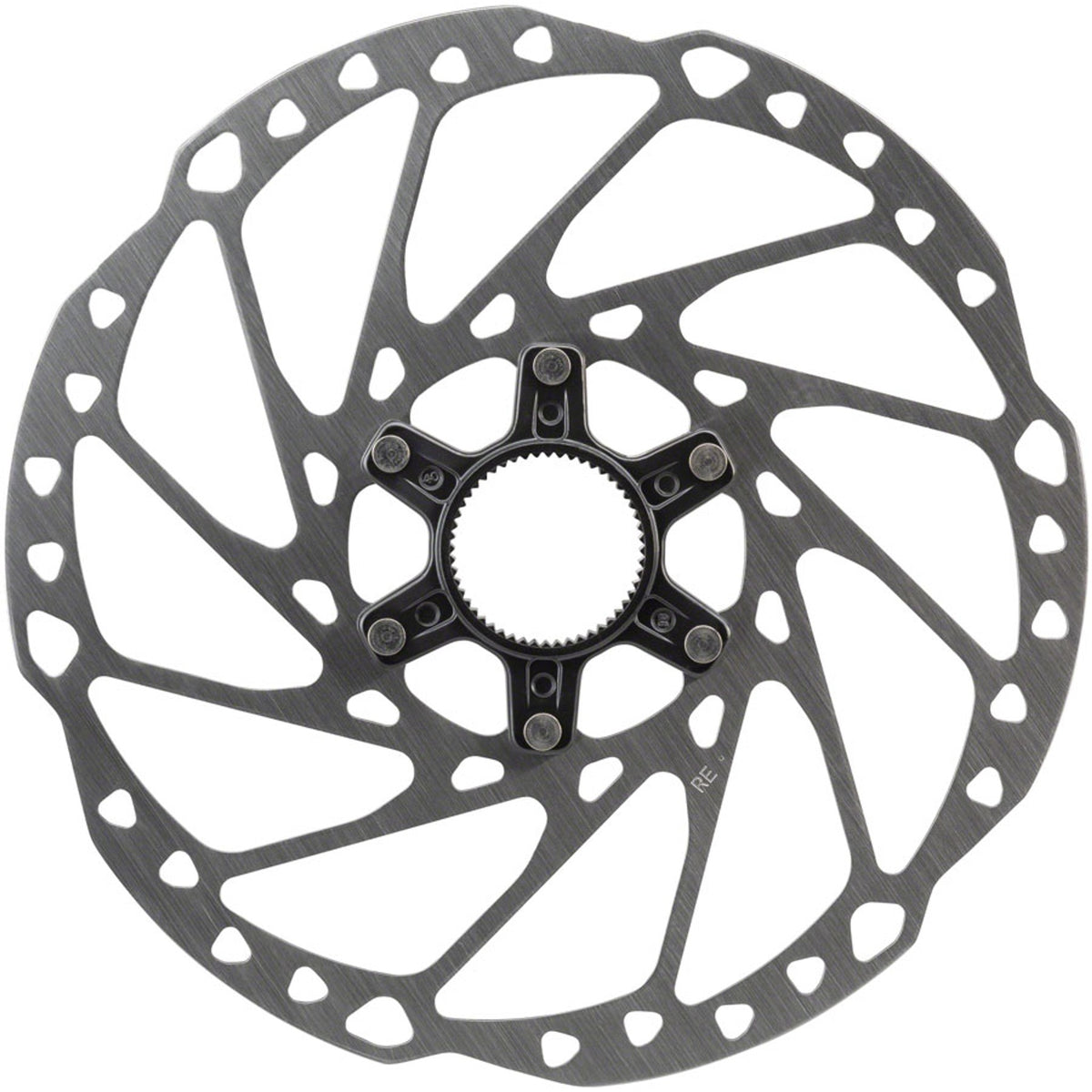 Shimano SM-RT64 disc brake rotor showing vented metal surface and mounting holes for mountain bike braking system.