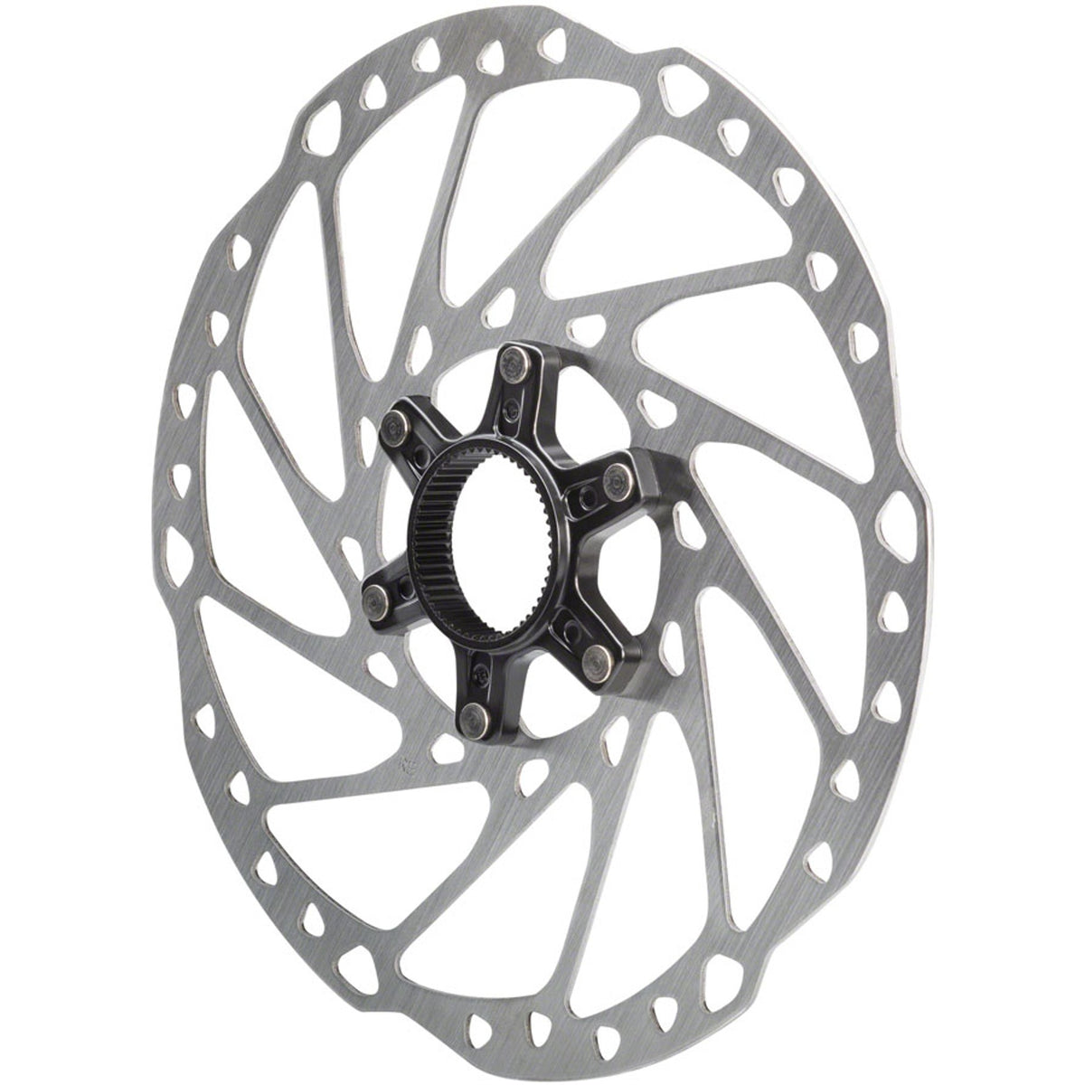 Shimano SM-RT64 disc brake rotor showing vented metal surface and mounting holes used for bicycle braking systems.