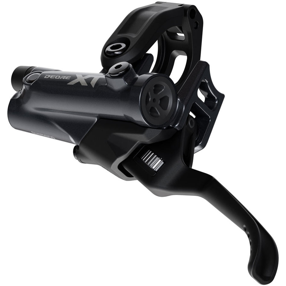 Shimano Deore XT M8200 disc brake and lever set, showing the sleek black brake caliper and lever for mountain biking.