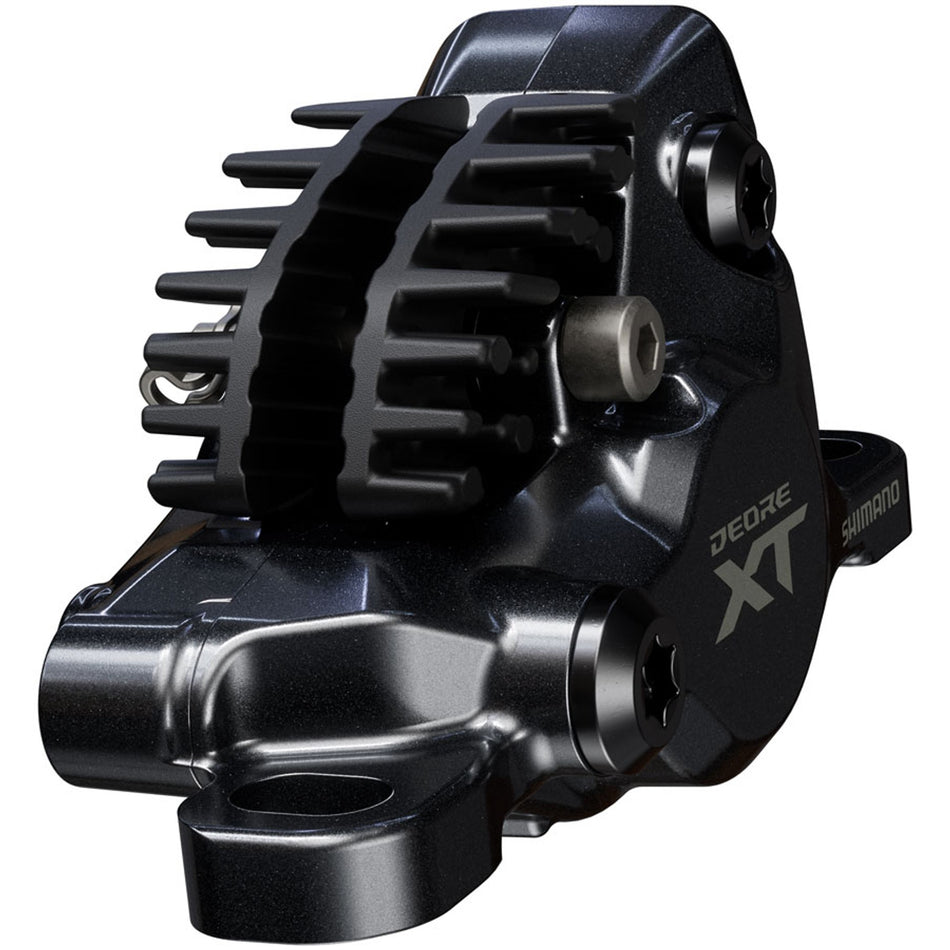 Shimano Deore XT BR-M8200 XC disc brake caliper with mounting hardware, black metal finish, designed for mountain bike braking systems.
