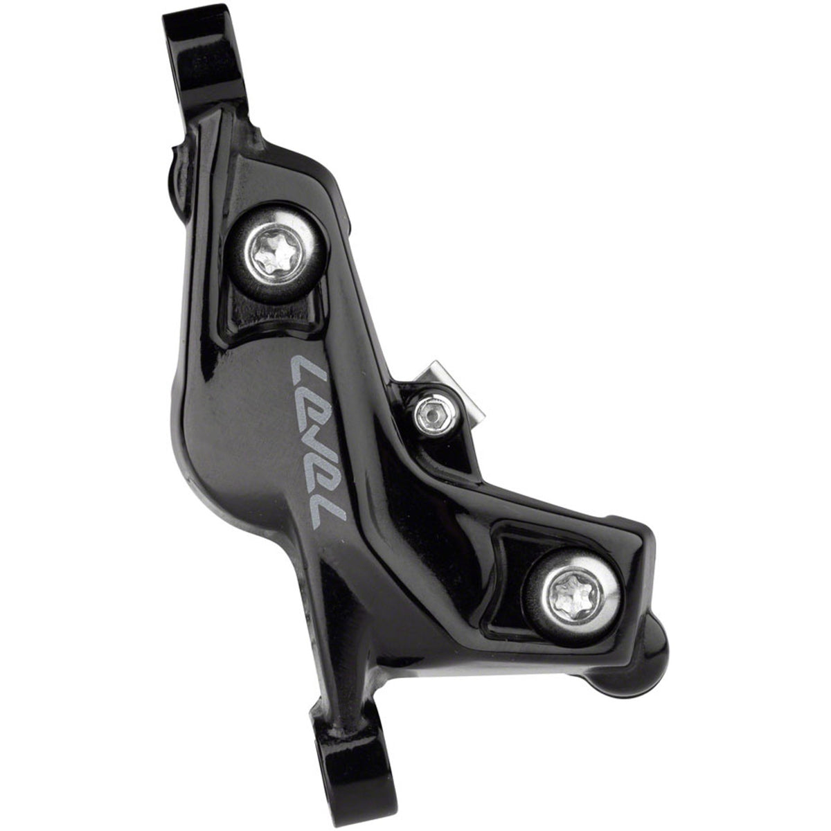 SRAM Level Stealth Series disc brake calipers, front and rear post mount, for mountain bikes, shown in black with hydraulic lines.