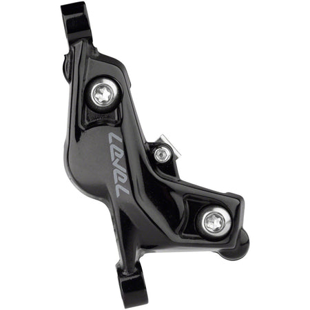 SRAM Level Stealth Series disc brake calipers, front and rear post mount, for mountain bikes, shown in black with hydraulic lines.