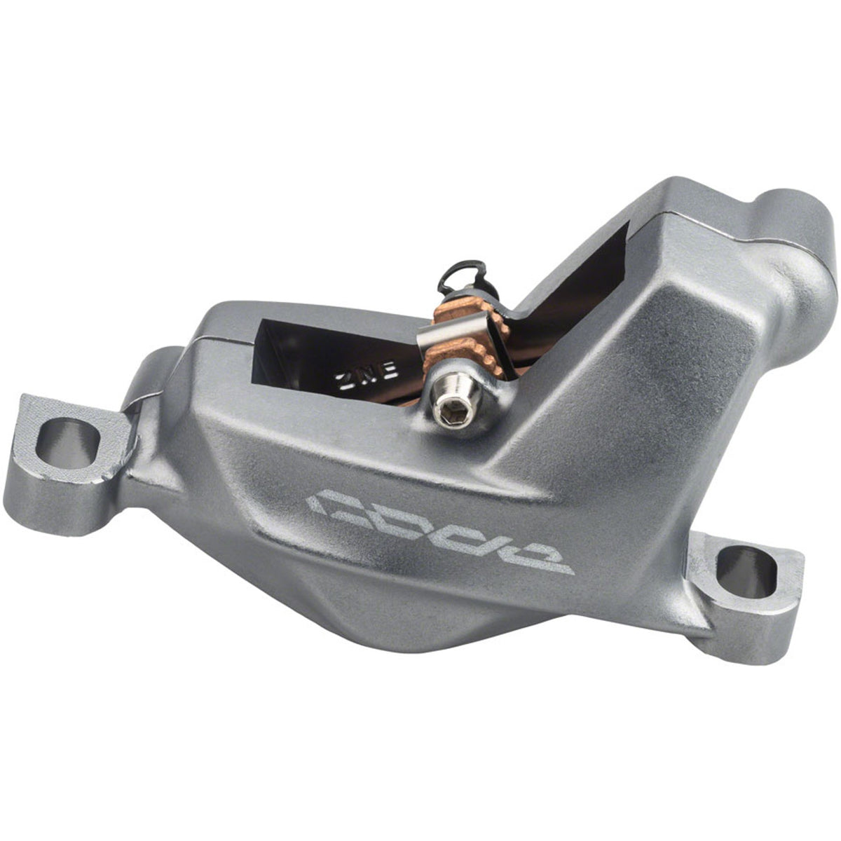 SRAM Code Stealth Series front and rear 4-piston post mount disc brake calipers, shown in black with mounting brackets.