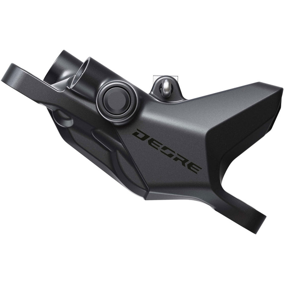 Shimano Deore BR-M6200 disc brake caliper mounted on bike fork, showcasing hydraulic disc brake system for mountain biking.