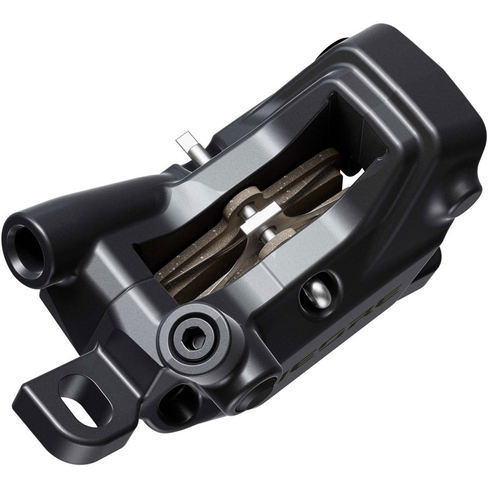 Shimano Deore BR-M6220 disc brake caliper for mountain bikes, showing the black brake caliper with mounting hardware.