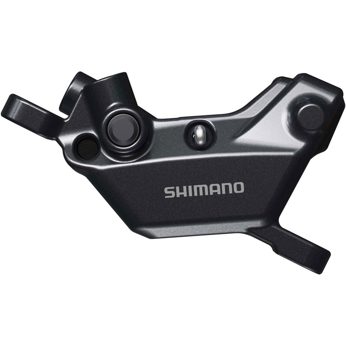 Shimano Deore BR-MT620 disc brake caliper mounted on a bicycle, showcasing the hydraulic brake caliper design.