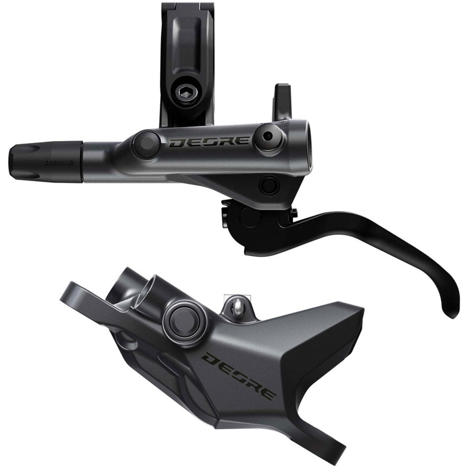 Shimano Deore M6200 disc brake and lever set showing the brake caliper, rotor, and lever assembly for mountain biking.