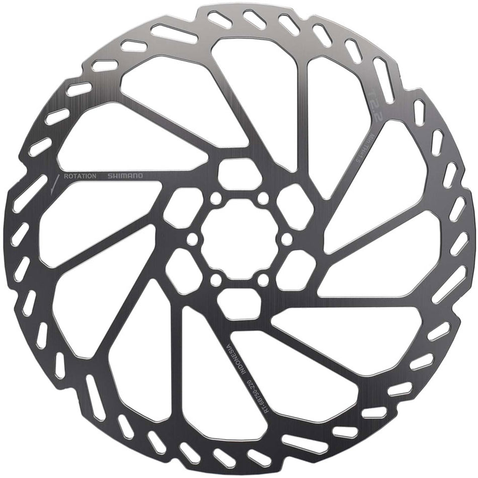 Shimano RT-6B750 2.2mm 6-bolt disc brake rotor showing detailed metal surface and bolt holes for mountain bike braking system.