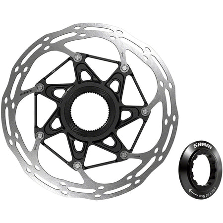 SRAM Centerline X center lock disc brake rotor with 1.85mm thickness, shown mounted on a bicycle wheel.