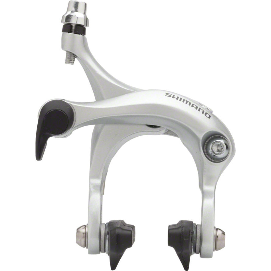 Shimano BR-R451 road brake calipers mounted on a bicycle, showcasing dual-pivot design for effective stopping power.