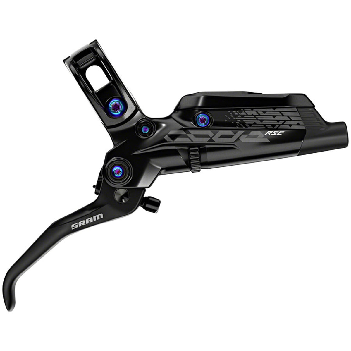 SRAM Code RSC hydraulic disc brake with post mount, showing the sleek black caliper and brake rotor for mountain biking.