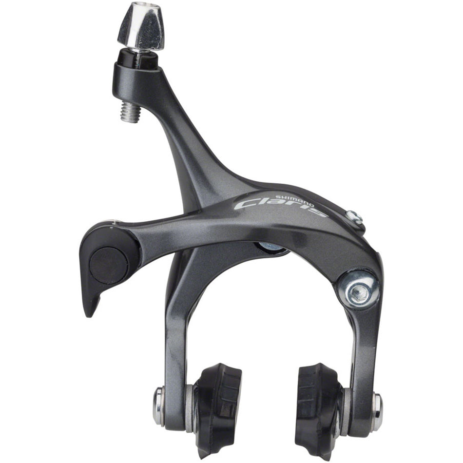 Shimano Claris BR-R2000 front rim brake caliper mounted on bicycle wheel, showcasing lightweight rim brake design and caliper mechanism.