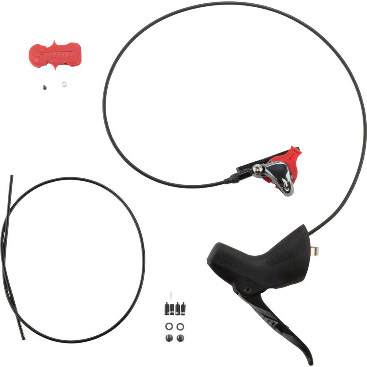 SRAM Force 1 hydraulic disc brake with black caliper and rotor, mounted on a bicycle wheel for stopping power.