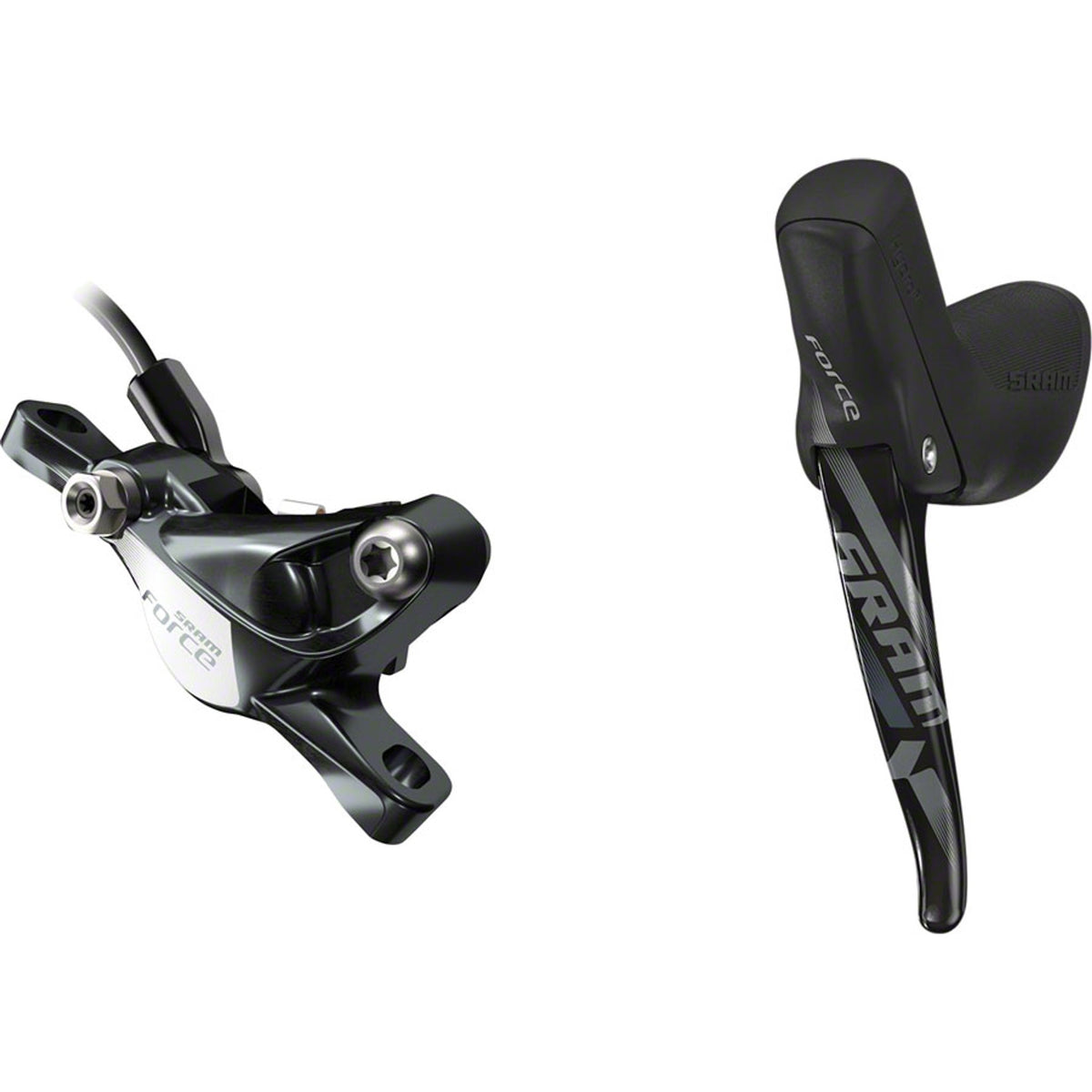 SRAM Force 1 hydraulic disc brake with black caliper and rotor, showcasing the high-performance disc brake system.