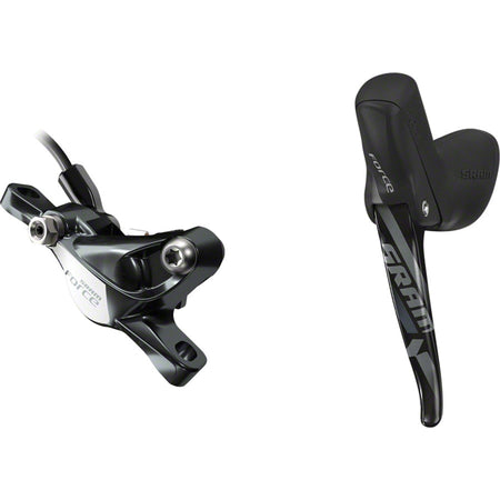 SRAM Force 1 hydraulic disc brake with black caliper and rotor, showcasing the high-performance disc brake system.