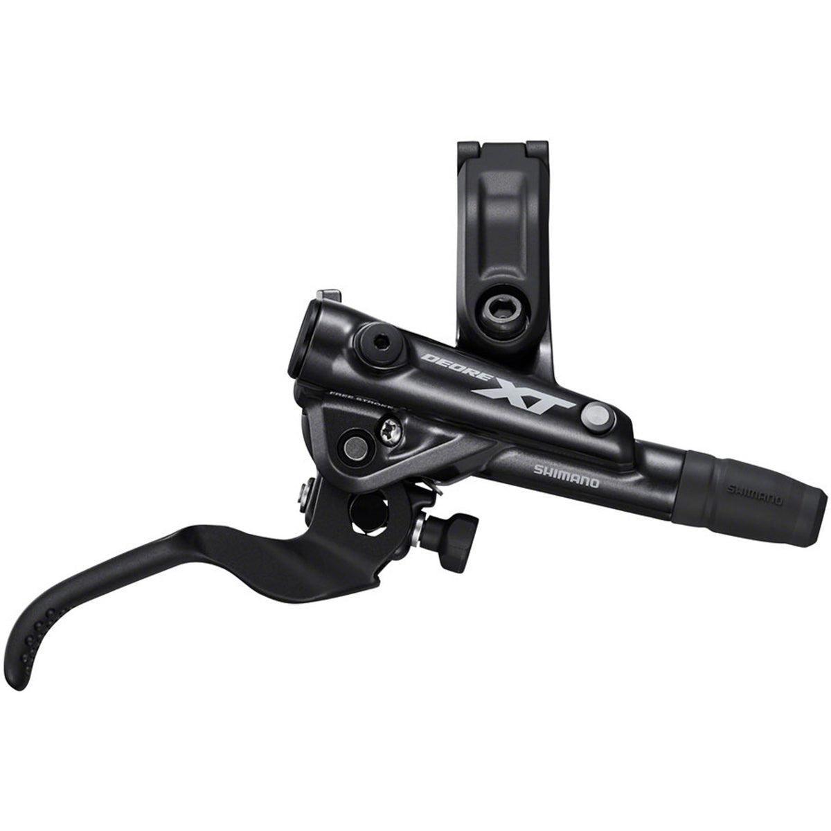 Shimano Deore XT M8100 disc brake with black caliper and rotor, mounted on a mountain bike wheel.