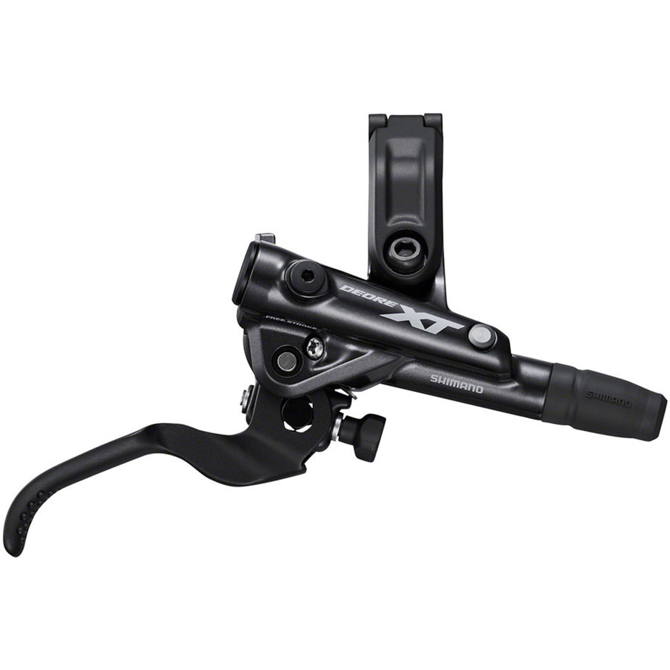 Shimano Deore XT BL-M8100 hydraulic brake lever for mountain bikes, showing the black lever with textured grip and hydraulic hose connection.