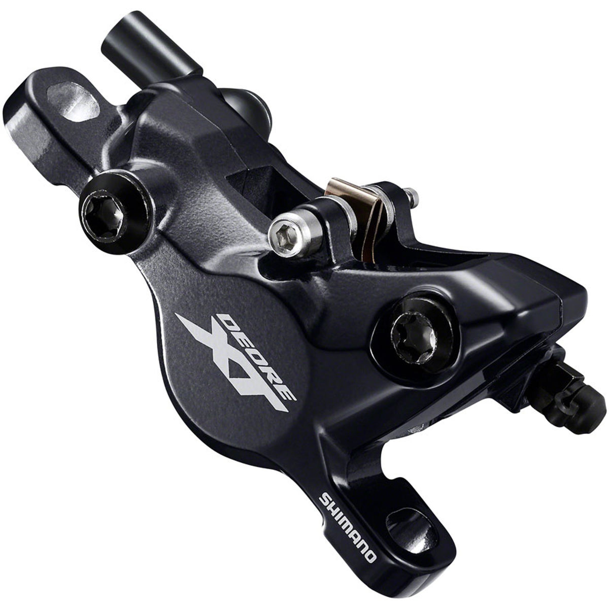 Shimano Deore XT M8100 disc brake mounted on a bicycle wheel with brake rotor and caliper, showcasing high-performance disc braking system.