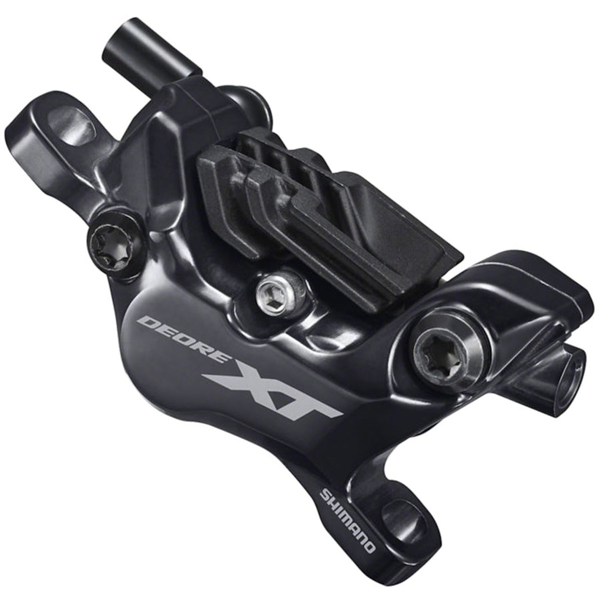 Shimano Deore XT BR-M8100 series disc brake calipers mounted on a bike, showcasing hydraulic brake caliper design and branding.