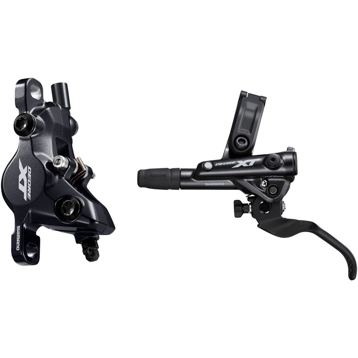 Shimano Deore XT M8100 disc brake with black caliper and rotor, mounted on a mountain bike, showcasing high-performance disc brake system.