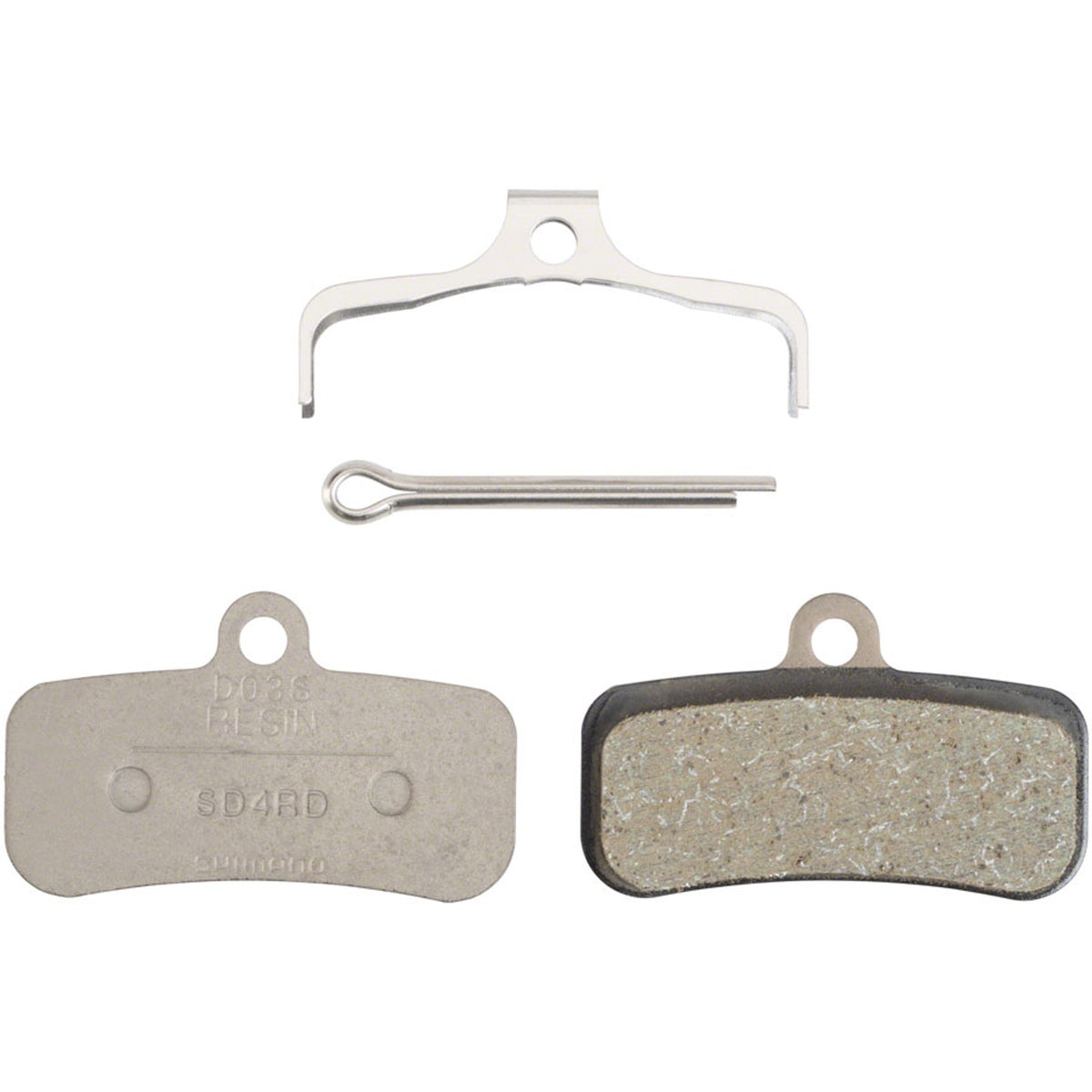 Shimano D03S-RX disc brake pads for mountain bikes, showing the brake pad set with metal backing and friction material.