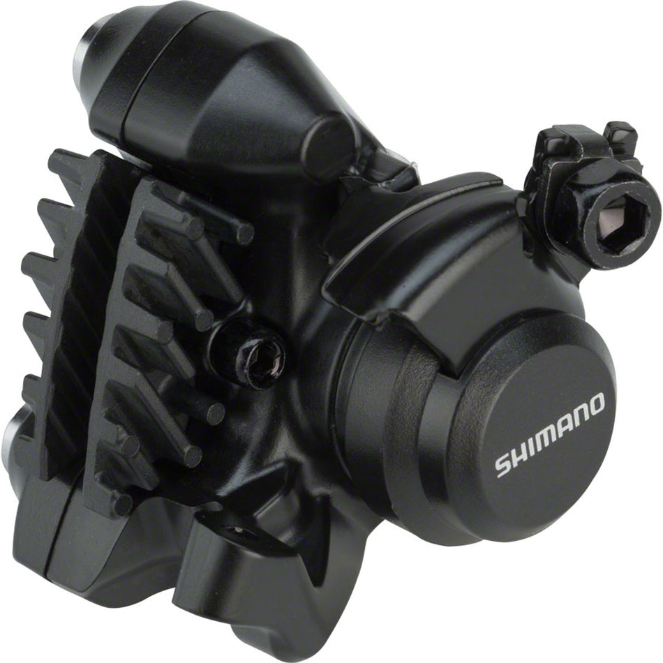 Shimano BR-RS305 disc brake caliper showing black and silver metal construction with mounting bolts and hydraulic brake hose connection.