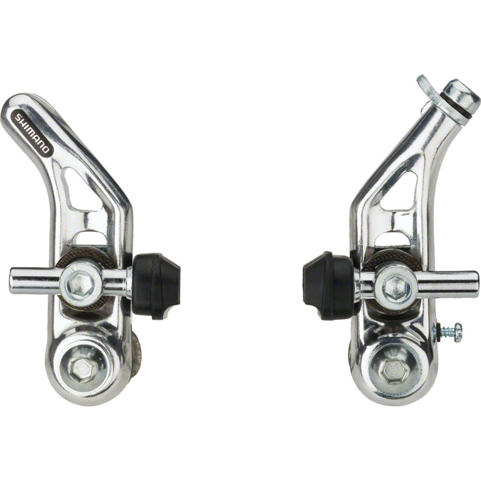 Shimano Altus BR-CT91 rim cantilever brakes mounted on a bicycle wheel, showcasing their black metal construction and cable mechanism.