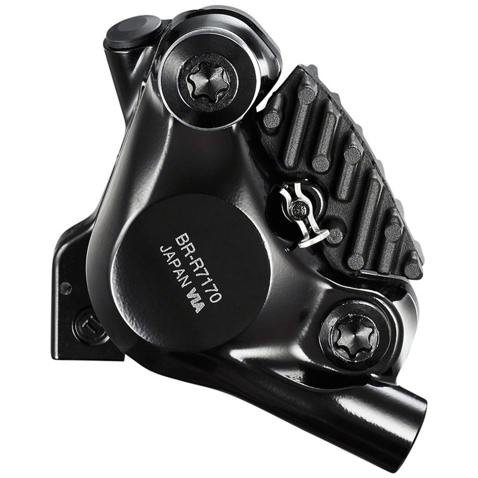 Shimano 105 BR-R7170 disc brake caliper with dual-piston design and hydraulic braking system for road bikes.