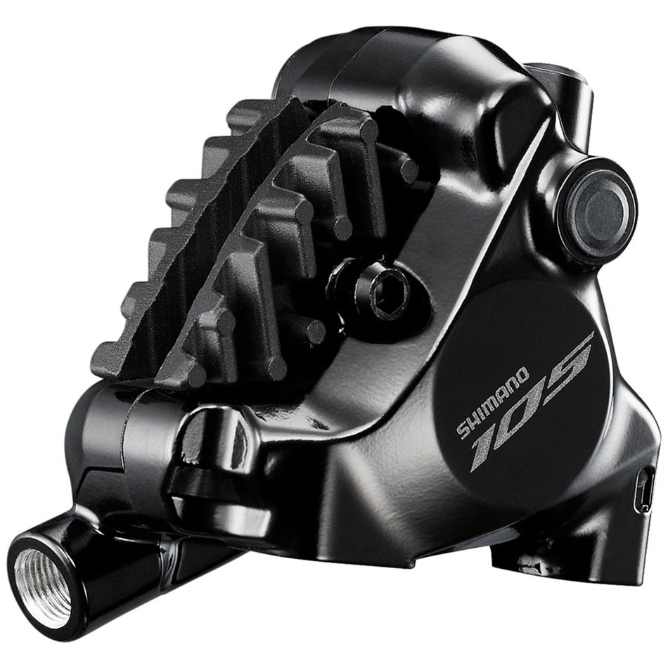 Shimano 105 BR-R7170 disc brake caliper mounted on a bicycle, showcasing the high-performance brake caliper design.