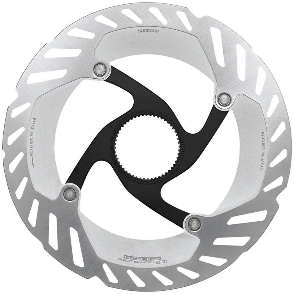 Shimano RT-CL800 disc brake rotor showing silver metal surface with vented design for mountain bike braking performance.