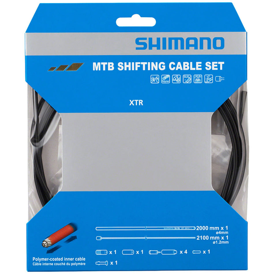 Shimano XTR OT-SP41 polymer coated derailleur shift cable set with housing, designed for smooth gear shifting.