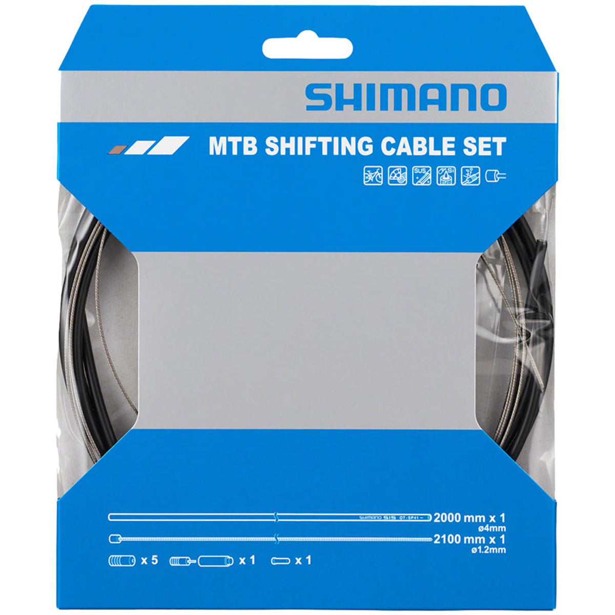 Shimano stainless shift cable and OT-SP41 housing set for smooth bike gear shifting, with cables and housing visible in the image.