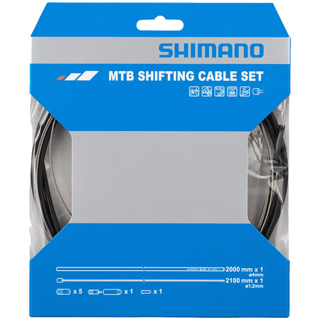 Shimano stainless shift cable and OT-SP41 housing set for smooth bike gear shifting, with cables and housing visible in the image.
