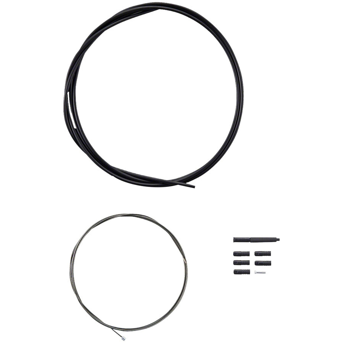 Shimano stainless shift cable and OT-SP41 housing set with cable ends and housing, designed for bicycle gear shifting.