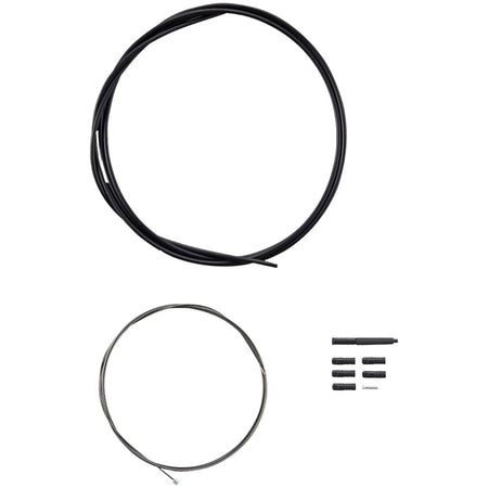 Shimano stainless shift cable and OT-SP41 housing set with cable ends and housing, designed for bicycle gear shifting.