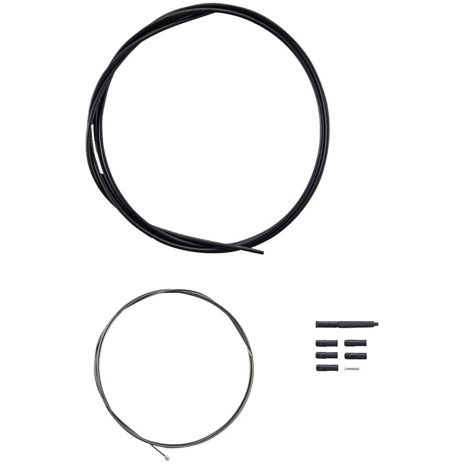 Shimano stainless shift cable and OT-SP41 housing set with cable ends and housing, designed for bicycle gear shifting.