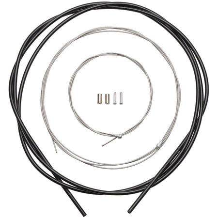 Shimano stainless steel road and MTB brake cable and housing set with polished ends and protective outer casing.