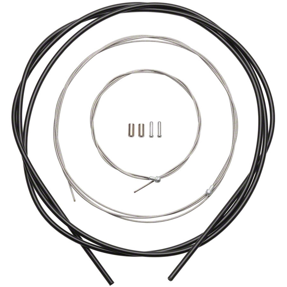 Shimano stainless steel road and MTB brake cable and housing set with polished ends and protective outer casing.
